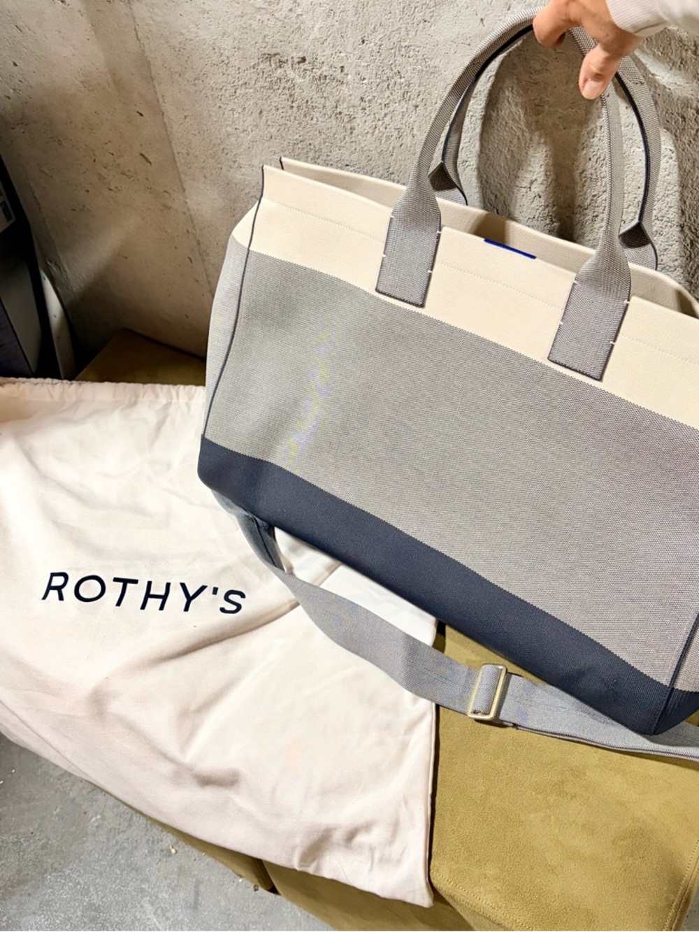 Rothy's The Weekender Bag, Travel Canvas Overnight Bag in Cream, Gray and Blue